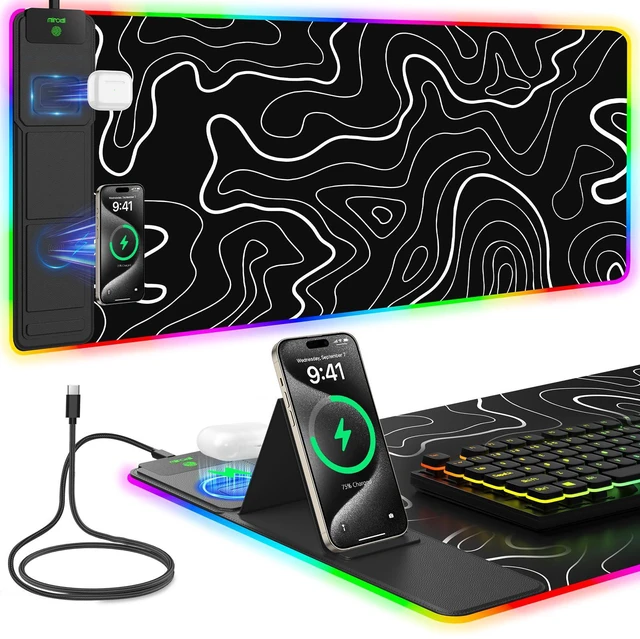Main image of Mouse Pad with Foldable Phone Holder & Wireless Charger, XXL RGB Gaming Mousepad 31.5"x15.8" Large Desk Mat for Keyboard, Black Desk Pad with Dual Qi Charging Station | 11 Colors 5 Modes | Waterproof