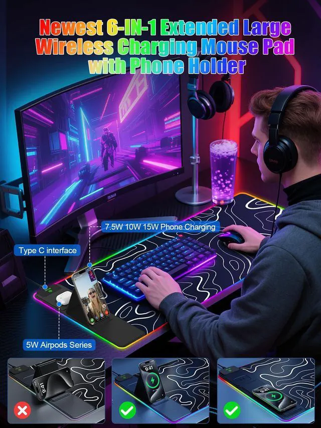 Alt view image 3 of 7 - Mouse Pad with Foldable Phone Holder & Wireless Charger, XXL RGB Gaming Mousepad 31.5"x15.8" Large Desk Mat for Keyboard, Black Desk Pad with Dual Qi Charging Station | 11 Colors 5 Modes | Waterproof