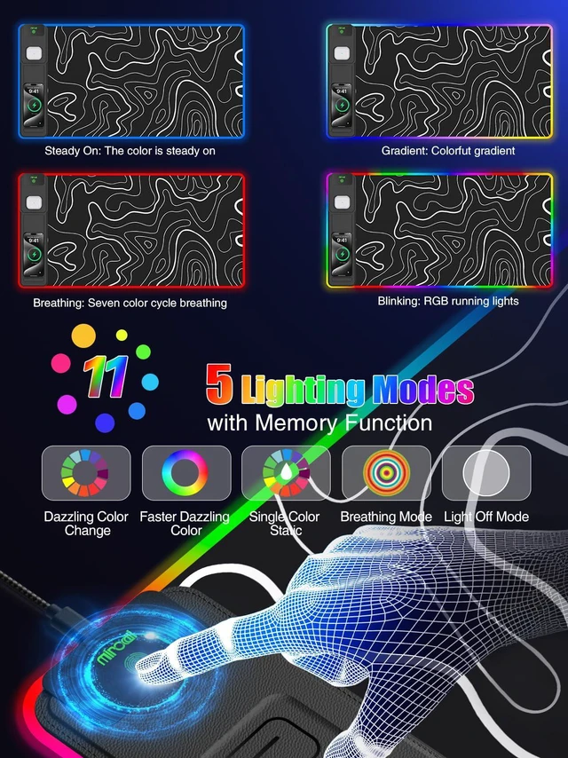 Alt view image 5 of 7 - Mouse Pad with Foldable Phone Holder & Wireless Charger, XXL RGB Gaming Mousepad 31.5"x15.8" Large Desk Mat for Keyboard, Black Desk Pad with Dual Qi Charging Station | 11 Colors 5 Modes | Waterproof