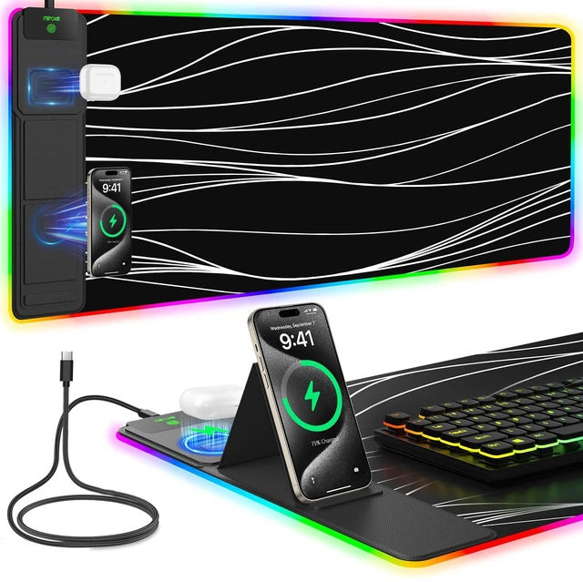 Main image of Mouse Pad with Foldable Phone Holder & Wireless Charger, XXL RGB Gaming Mousepad 31.5"x15.8" Large Desk Mat for Keyboard, Black Desk Pad with Dual Qi Charging Station | 11 Colors 5 Modes | Waterproof