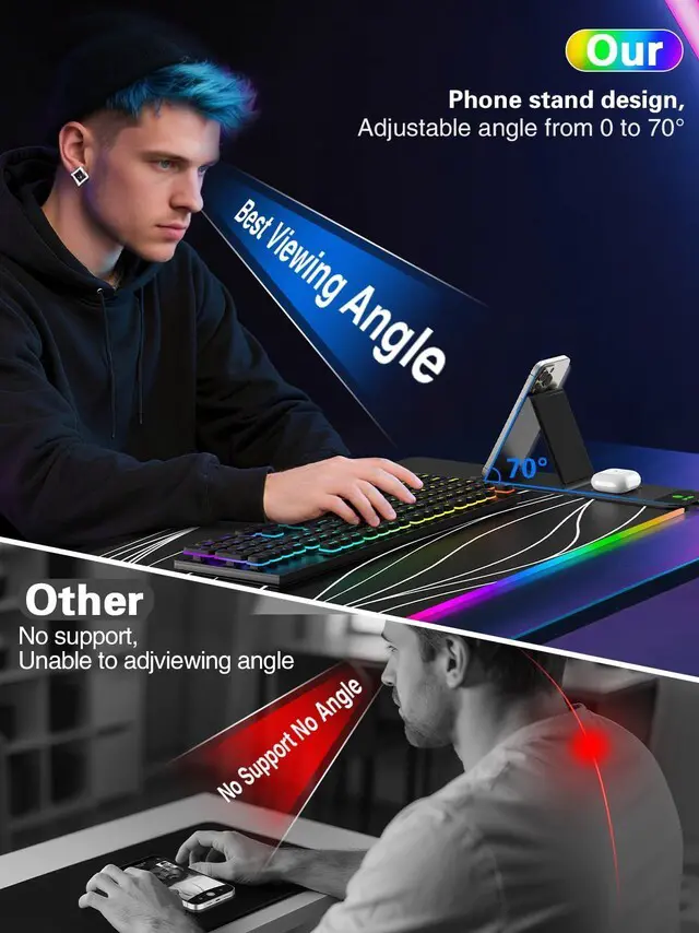 Alt view image 2 of 7 - Mouse Pad with Foldable Phone Holder & Wireless Charger, XXL RGB Gaming Mousepad 31.5"x15.8" Large Desk Mat for Keyboard, Black Desk Pad with Dual Qi Charging Station | 11 Colors 5 Modes | Waterproof