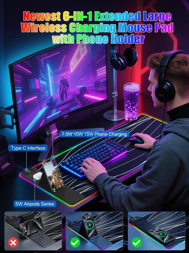 Alt view image 3 of 7 - Mouse Pad with Foldable Phone Holder & Wireless Charger, XXL RGB Gaming Mousepad 31.5"x15.8" Large Desk Mat for Keyboard, Black Desk Pad with Dual Qi Charging Station | 11 Colors 5 Modes | Waterproof