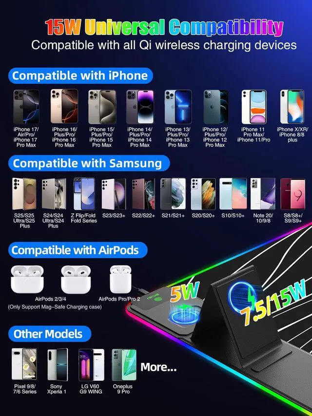Alt view image 4 of 7 - Mouse Pad with Foldable Phone Holder & Wireless Charger, XXL RGB Gaming Mousepad 31.5"x15.8" Large Desk Mat for Keyboard, Black Desk Pad with Dual Qi Charging Station | 11 Colors 5 Modes | Waterproof