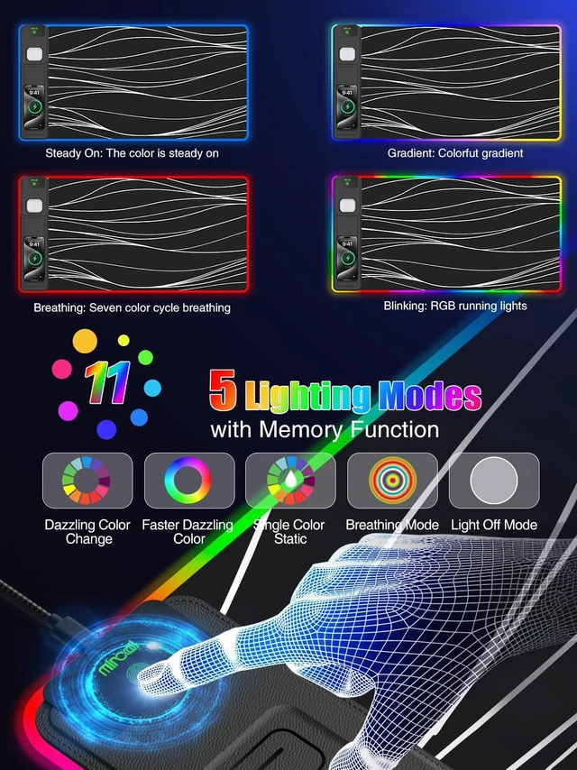 Alt view image 5 of 7 - Mouse Pad with Foldable Phone Holder & Wireless Charger, XXL RGB Gaming Mousepad 31.5"x15.8" Large Desk Mat for Keyboard, Black Desk Pad with Dual Qi Charging Station | 11 Colors 5 Modes | Waterproof