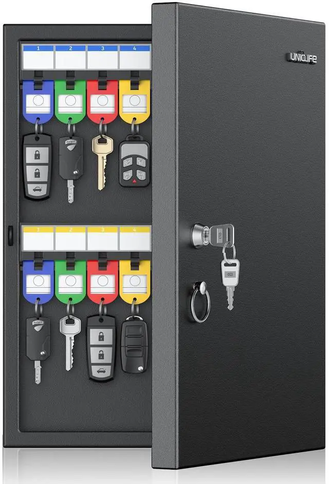 Main image of 32 Position Key Lock Box, Wall Mount Security Key Cabinet, Black Wider hook spacing fits car fobs, writable racks & tags for quick ID, easy mount, sturdy lock box for office hotel & company