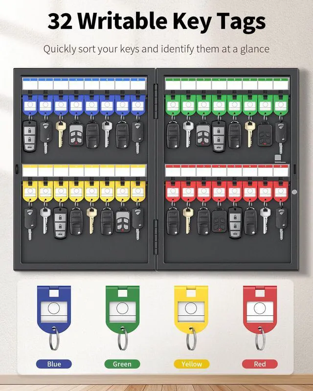 Alt view image 3 of 7 - 32 Position Key Lock Box, Wall Mount Security Key Cabinet, Black Wider hook spacing fits car fobs, writable racks & tags for quick ID, easy mount, sturdy lock box for office hotel & company