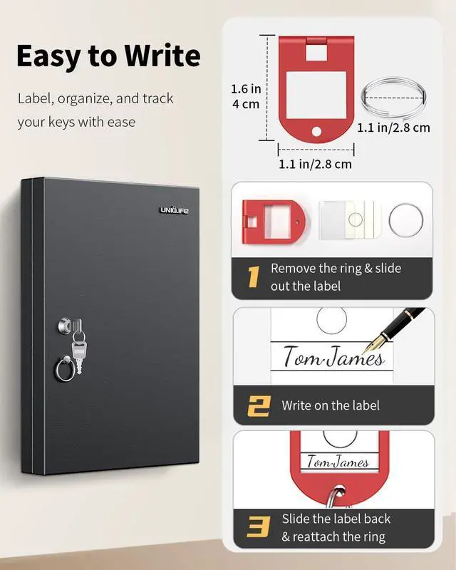 Alt view image 6 of 7 - 32 Position Key Lock Box, Wall Mount Security Key Cabinet, Black Wider hook spacing fits car fobs, writable racks & tags for quick ID, easy mount, sturdy lock box for office hotel & company