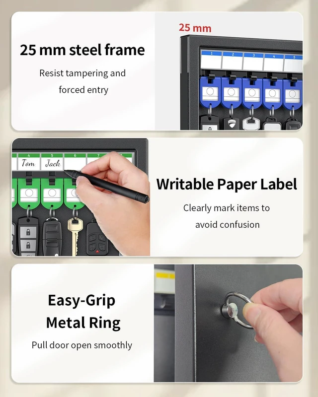 Alt view image 5 of 7 - 32 Position Key Lock Box, Wall Mount Security Key Cabinet, Black Wider hook spacing fits car fobs, writable racks & tags for quick ID, easy mount, sturdy lock box for office hotel & company