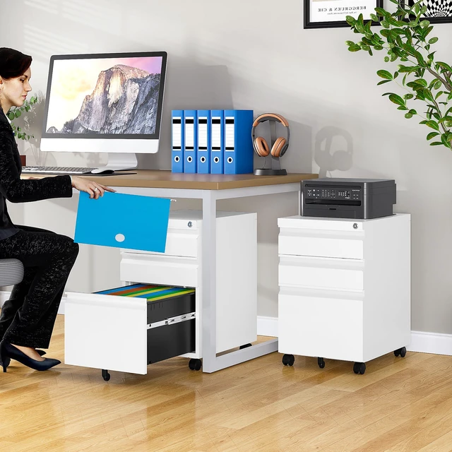 Alt view image 2 of 7 - 3 Drawer File Cabinet with Lock,Under Desk File Cabinet with Wheels,White Rolling Filing Cabinets,Three Drawer Metal Filing Cabinet for Home Office,Fit A4/Letter/Legal File,- Assembly Required