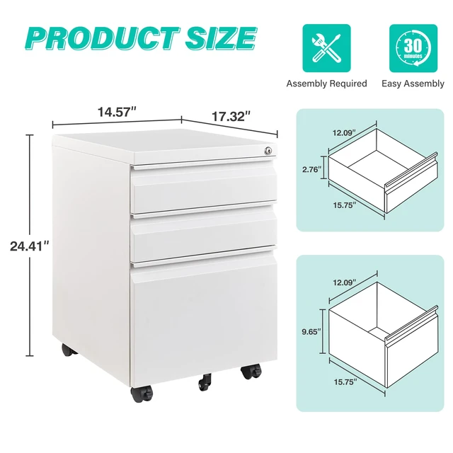 Alt view image 3 of 7 - 3 Drawer File Cabinet with Lock,Under Desk File Cabinet with Wheels,White Rolling Filing Cabinets,Three Drawer Metal Filing Cabinet for Home Office,Fit A4/Letter/Legal File,- Assembly Required