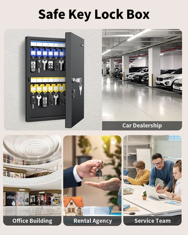Alt view image 7 of 7 - 32 Position Key Lock Box, Wall Mount Security Key Cabinet, Black Wider hook spacing fits car fobs, writable racks & tags for quick ID, easy mount, sturdy lock box for office hotel & company