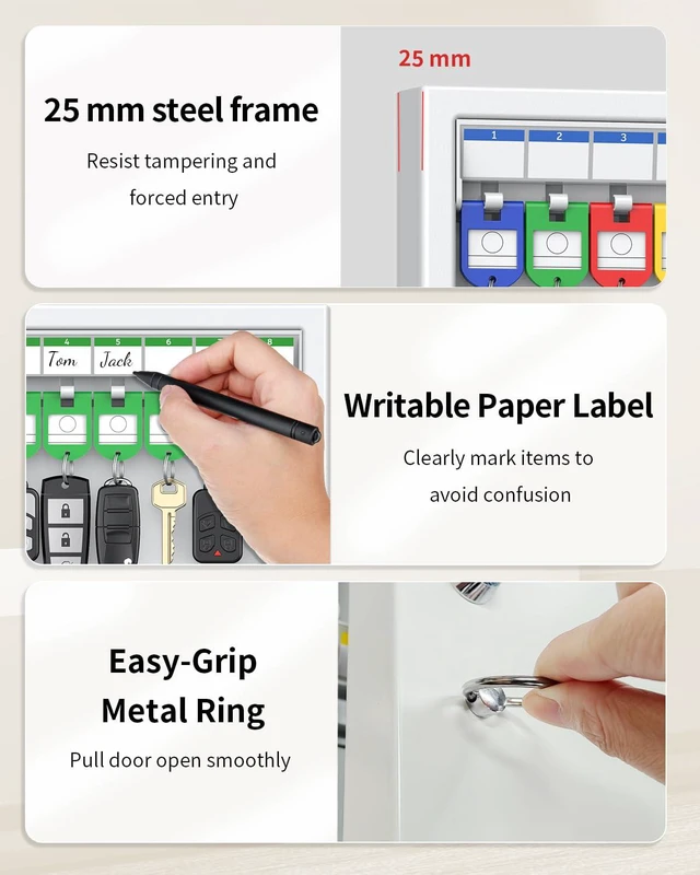 Alt view image 5 of 7 - 32 Position White Key Lock Box, Wall Mount Key Box, Car Key Organizer with Writable Key Racks and Tags, Security Key Cabinet, Car Key Holder Storage Box for Office Hotel & Company