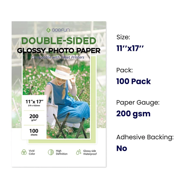 Alt view image 2 of 7 - Double Sided 11x17 Glossy Photo Paper, 54 LB Inkjet Photo Paper 100pack 200 GSM Photo Printer Paper for Dye Ink