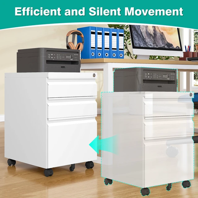 Alt view image 4 of 7 - 3 Drawer File Cabinet with Lock,Under Desk File Cabinet with Wheels,White Rolling Filing Cabinets,Three Drawer Metal Filing Cabinet for Home Office,Fit A4/Letter/Legal File,- Assembly Required