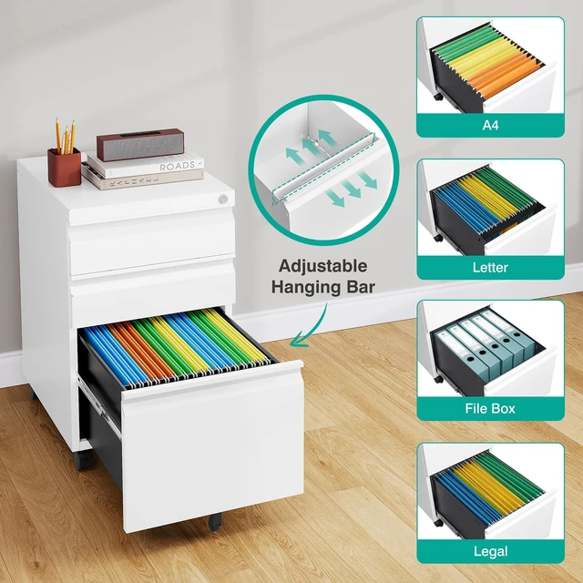 Alt view image 5 of 7 - 3 Drawer File Cabinet with Lock,Under Desk File Cabinet with Wheels,White Rolling Filing Cabinets,Three Drawer Metal Filing Cabinet for Home Office,Fit A4/Letter/Legal File,- Assembly Required