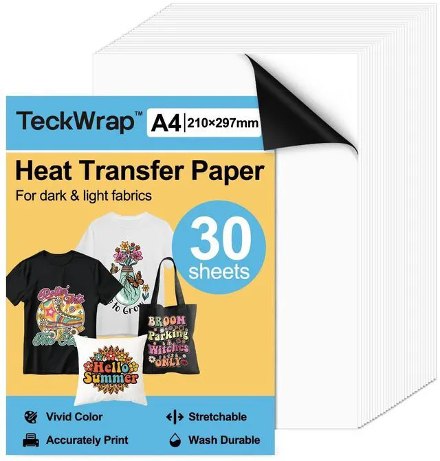 Main image of Printable Heat Transfer Paper for T-Shirts 30 Sheets, 8.3" X 11.7" Printable Heat Transfer Vinyl for Inkjet Printer, Iron on Transfer Paper for Light and Dark Fabric (Matte)