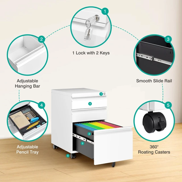 Alt view image 6 of 7 - 3 Drawer File Cabinet with Lock,Under Desk File Cabinet with Wheels,White Rolling Filing Cabinets,Three Drawer Metal Filing Cabinet for Home Office,Fit A4/Letter/Legal File,- Assembly Required