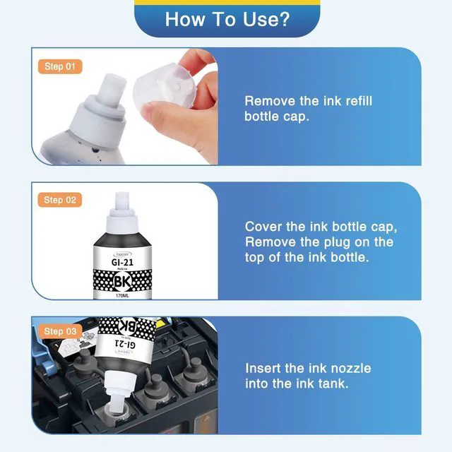 Alt view image 5 of 7 - 5Pack Compatible for Canon 21 GI-21 GI21 G3270 G3290 Ink Refill Bottles Set GI-21 G3270 Ink Bottles Compatible for Canon MegaTank G3270 G3290 G4280 G4270 G3260 G3272 G2270 G2260 G1220 G1230 Printer