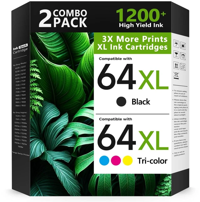 Main image of 64XL Ink Cartridge Combo Pack for HP Ink 64 64XL Black and Color Ink Cartridge for HP Printers Work with Envy Photo 7855 7858 7155 Envy Inspire 7255e 7220e 7200e 7900e 7958e for Tango Series (2 Pack)