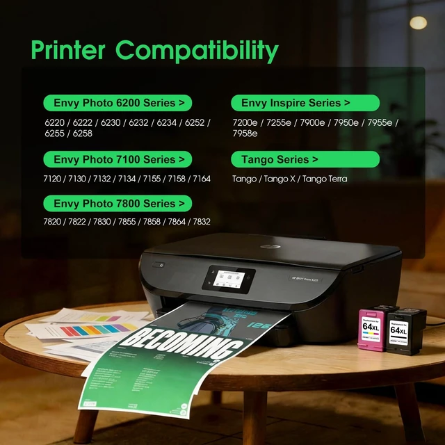 Alt view image 2 of 6 - 64XL Ink Cartridge Combo Pack for HP Ink 64 64XL Black and Color Ink Cartridge for HP Printers Work with Envy Photo 7855 7858 7155 Envy Inspire 7255e 7220e 7200e 7900e 7958e for Tango Series (2 Pack)