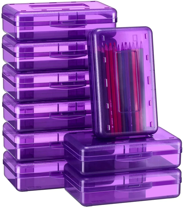 Main image of 24 Pack Clear Plastic Pencil Box, Purple Stackable Organizer for School Supplies, Large Case for Crayons Markers, Snap-lid Keeps Stationery Secure, Bulk Set