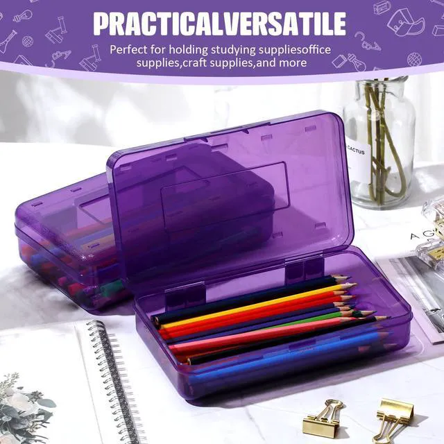 Alt view image 3 of 6 - 24 Pack Clear Plastic Pencil Box, Purple Stackable Organizer for School Supplies, Large Case for Crayons Markers, Snap-lid Keeps Stationery Secure, Bulk Set