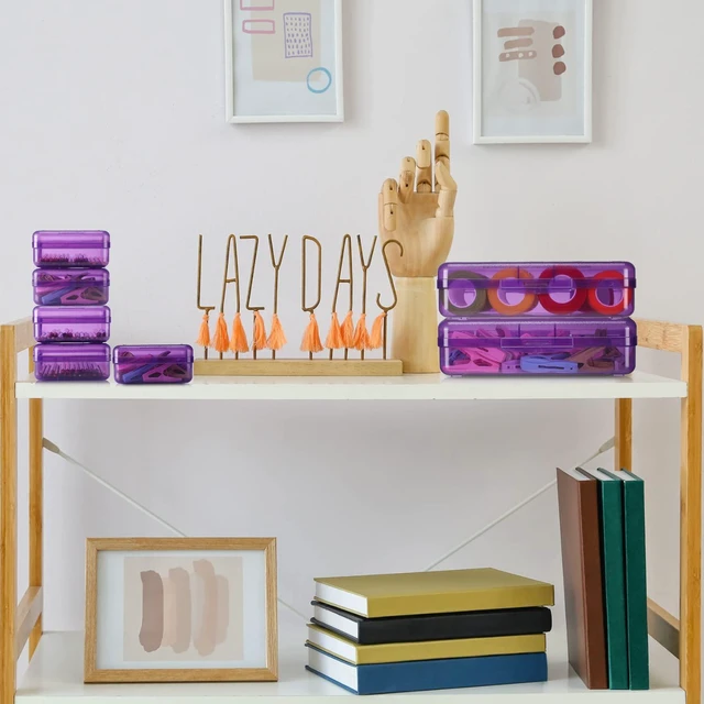 Alt view image 5 of 6 - 24 Pack Clear Plastic Pencil Box, Purple Stackable Organizer for School Supplies, Large Case for Crayons Markers, Snap-lid Keeps Stationery Secure, Bulk Set
