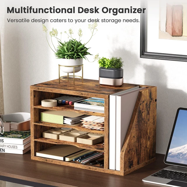 Alt view image 2 of 7 - Wooden Mail Organizer, Desk Organizer with 3 Adjustable Shelves Mail Sorter, File Organizer Desktop, Mail Holder for Home Office, Letter Sorter for Envelopes, Bills, Magazines, Rustic Brown