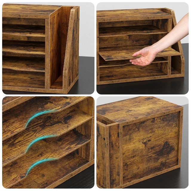 Alt view image 4 of 7 - Wooden Mail Organizer, Desk Organizer with 3 Adjustable Shelves Mail Sorter, File Organizer Desktop, Mail Holder for Home Office, Letter Sorter for Envelopes, Bills, Magazines, Rustic Brown