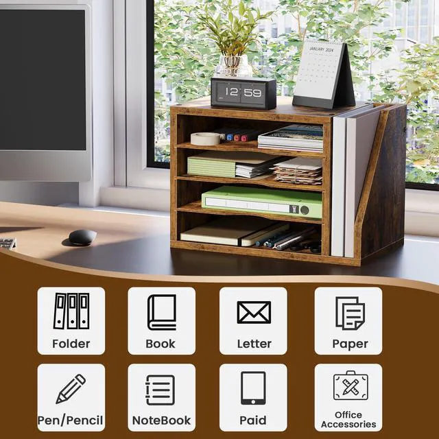 Alt view image 5 of 7 - Wooden Mail Organizer, Desk Organizer with 3 Adjustable Shelves Mail Sorter, File Organizer Desktop, Mail Holder for Home Office, Letter Sorter for Envelopes, Bills, Magazines, Rustic Brown