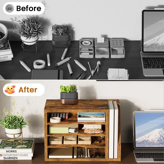 Alt view image 6 of 7 - Wooden Mail Organizer, Desk Organizer with 3 Adjustable Shelves Mail Sorter, File Organizer Desktop, Mail Holder for Home Office, Letter Sorter for Envelopes, Bills, Magazines, Rustic Brown