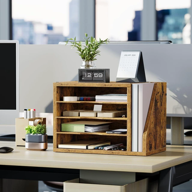 Alt view image 7 of 7 - Wooden Mail Organizer, Desk Organizer with 3 Adjustable Shelves Mail Sorter, File Organizer Desktop, Mail Holder for Home Office, Letter Sorter for Envelopes, Bills, Magazines, Rustic Brown