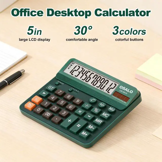 Alt view image 2 of 7 - Green Desk Calculator, 12-Digit Large Display, Big Buttons Desktop Calculator for Office and Home, 5-Inch LCD, Solar & AA Battery, 30° Tilt Screen, GT/MU and Anti-Slip Feet
