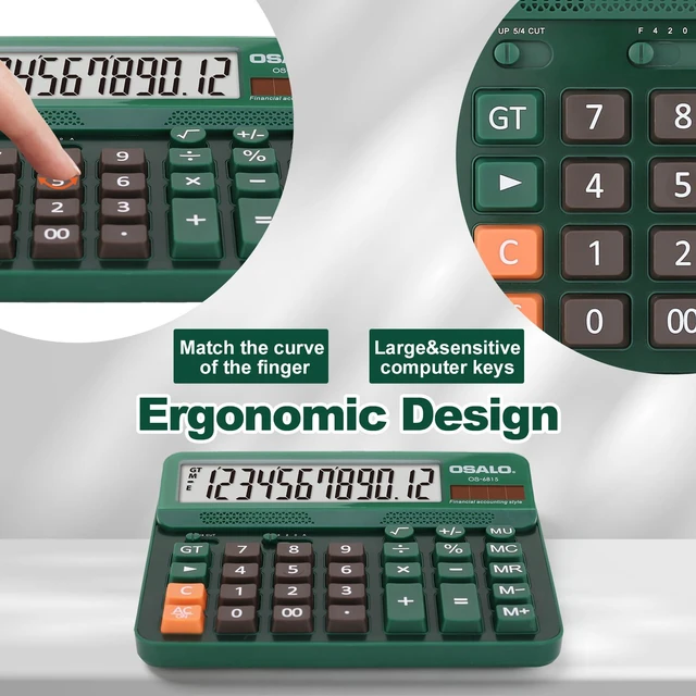 Alt view image 3 of 7 - Green Desk Calculator, 12-Digit Large Display, Big Buttons Desktop Calculator for Office and Home, 5-Inch LCD, Solar & AA Battery, 30° Tilt Screen, GT/MU and Anti-Slip Feet