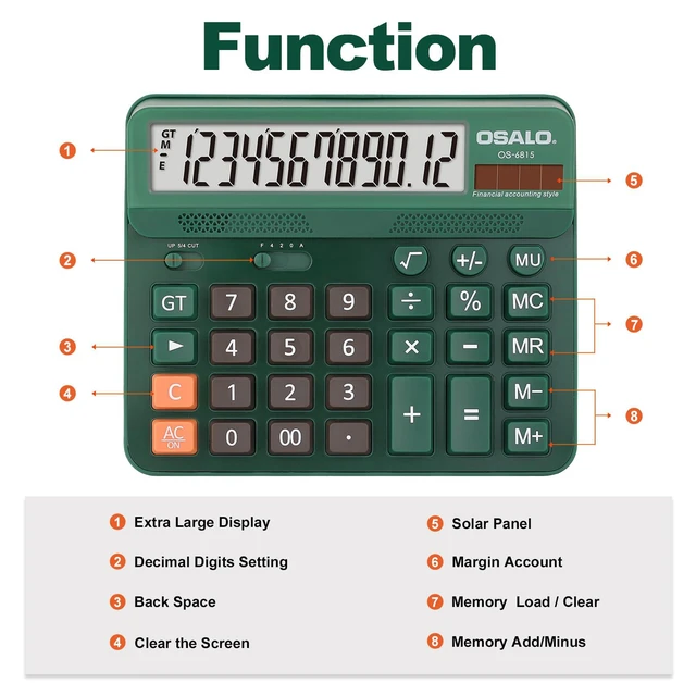 Alt view image 4 of 7 - Green Desk Calculator, 12-Digit Large Display, Big Buttons Desktop Calculator for Office and Home, 5-Inch LCD, Solar & AA Battery, 30° Tilt Screen, GT/MU and Anti-Slip Feet