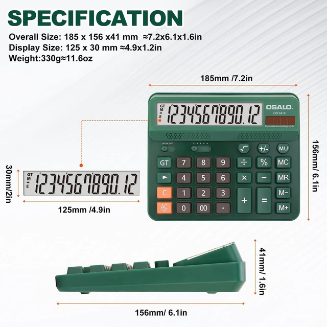 Alt view image 5 of 7 - Green Desk Calculator, 12-Digit Large Display, Big Buttons Desktop Calculator for Office and Home, 5-Inch LCD, Solar & AA Battery, 30° Tilt Screen, GT/MU and Anti-Slip Feet
