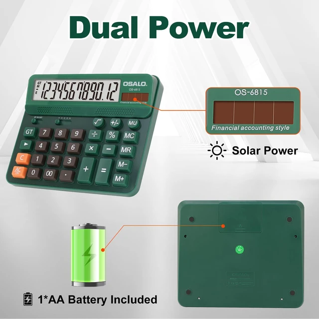 Alt view image 7 of 7 - Green Desk Calculator, 12-Digit Large Display, Big Buttons Desktop Calculator for Office and Home, 5-Inch LCD, Solar & AA Battery, 30° Tilt Screen, GT/MU and Anti-Slip Feet