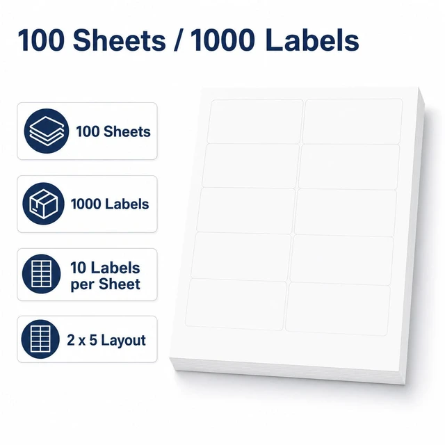 Alt view image 3 of 7 - 1000 Pcs 2"x4" 10 Up Shipping Labels for Laser & Inkjet Printer 100 Sheets 2" x 4" FBA Labels on US Letter, 10 per Sheet Return Address Labels, 10 per Page