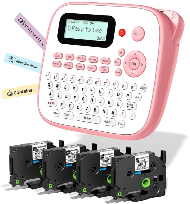 Main image of Pink Label Maker Machine with 4 Tapes Laminated Waterproof-Labels D210S Desktop Label Printer for Home Office Kids Teacher School Supplies, Keyboard Labeler with 16 Fonts 800+ Icons