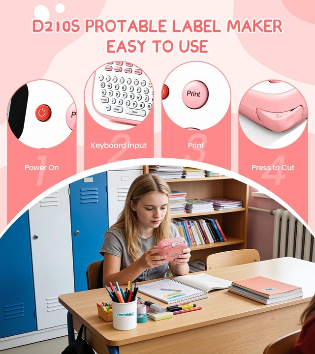 Alt view image 3 of 7 - Pink Label Maker Machine with 4 Tapes Laminated Waterproof-Labels D210S Desktop Label Printer for Home Office Kids Teacher School Supplies, Keyboard Labeler with 16 Fonts 800+ Icons