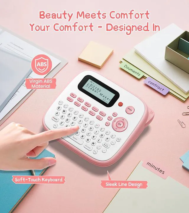 Alt view image 4 of 7 - Pink Label Maker Machine with 4 Tapes Laminated Waterproof-Labels D210S Desktop Label Printer for Home Office Kids Teacher School Supplies, Keyboard Labeler with 16 Fonts 800+ Icons