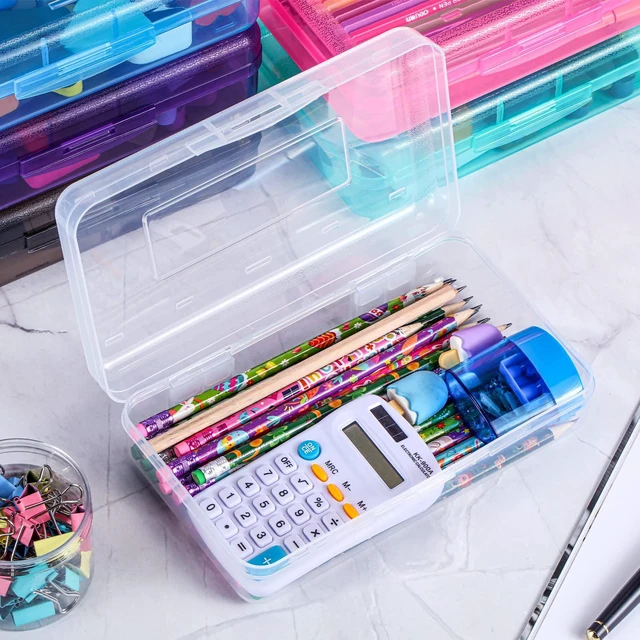 Alt view image 3 of 6 - 24 Pack Clear Plastic Pencil Box, Multicolor Stackable Organizer for School Supplies, Large Case for Crayons Markers, Snap-lid Keeps Stationery Secure, Bulk Set
