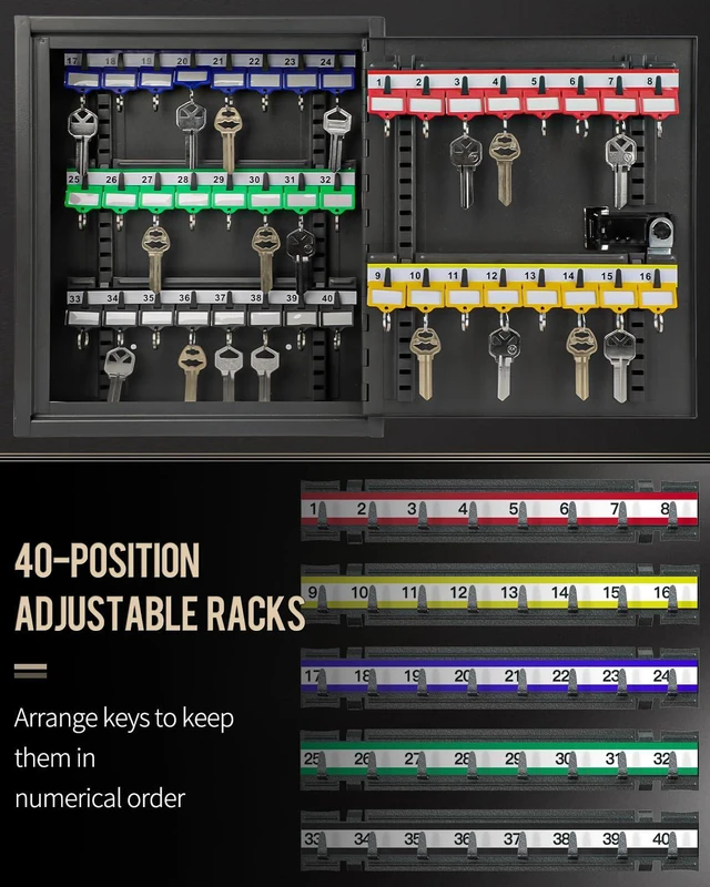 Alt view image 5 of 7 - 40 Position Key Cabinet with Combination Lock Resettable Black Digital Security Storage Box Steel Key Organizer with Adjustable Racks Colorful Key Tag Labels and Hooks