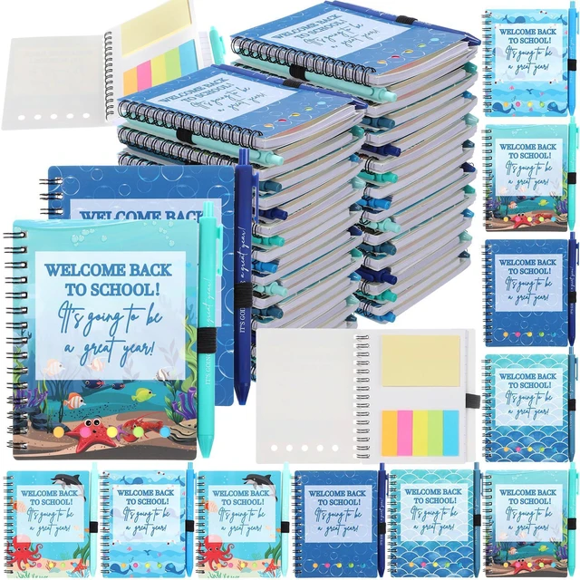 Main image of 100 Pcs Welcome Back to School Gifts Bulk Spiral Notebooks Pens Notepads with Sticky Notes Motivational Pens, First Day of School Party Favor for Teacher Student Classroom, Ocean Sea Blue