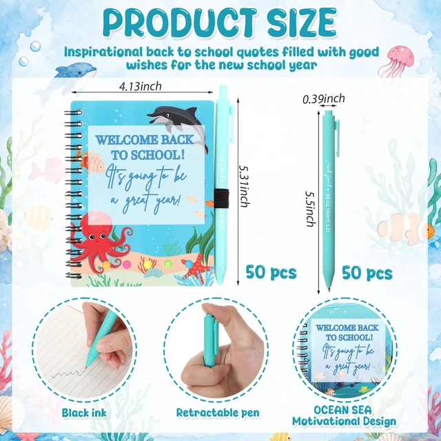 Alt view image 3 of 7 - 100 Pcs Welcome Back to School Gifts Bulk Spiral Notebooks Pens Notepads with Sticky Notes Motivational Pens, First Day of School Party Favor for Teacher Student Classroom, Ocean Sea Blue