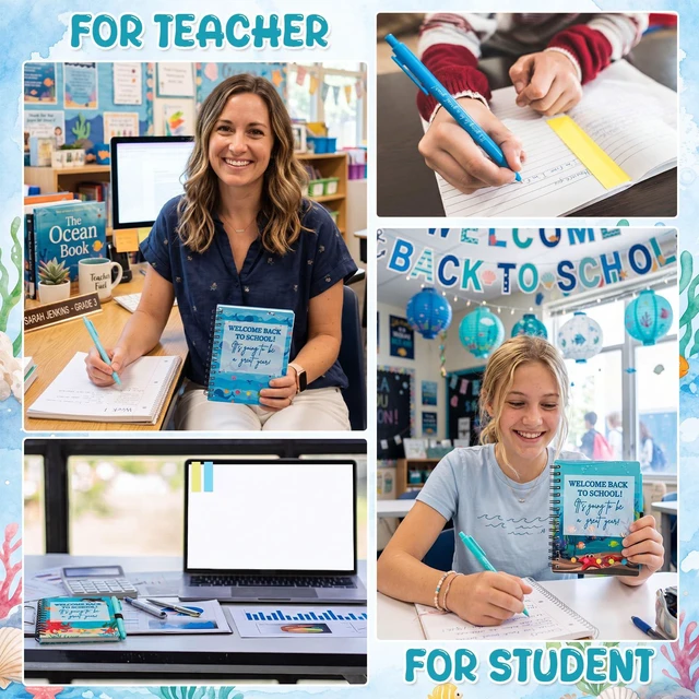 Alt view image 2 of 7 - 100 Pcs Welcome Back to School Gifts Bulk Spiral Notebooks Pens Notepads with Sticky Notes Motivational Pens, First Day of School Party Favor for Teacher Student Classroom, Ocean Sea Blue