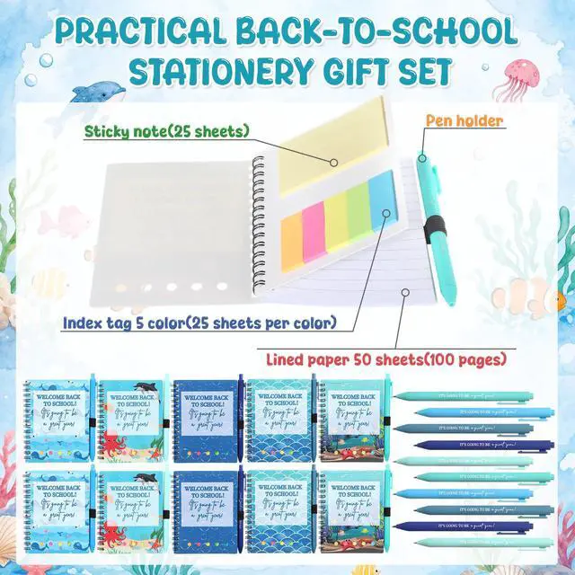 Alt view image 5 of 7 - 100 Pcs Welcome Back to School Gifts Bulk Spiral Notebooks Pens Notepads with Sticky Notes Motivational Pens, First Day of School Party Favor for Teacher Student Classroom, Ocean Sea Blue