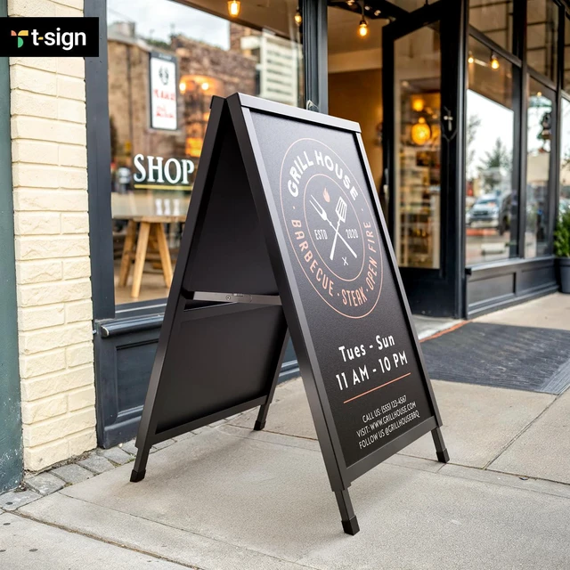 Alt view image 2 of 7 - Outdoor A-Frame Sidewalk Sign 24x36 Inch Sandwich Board, Black Coated Steel Metal Double-Sided, Heavy Duty Slide-in Folding Frame Sign Holder, 2 Corrugated Plastic Poster Boards, Display Stand