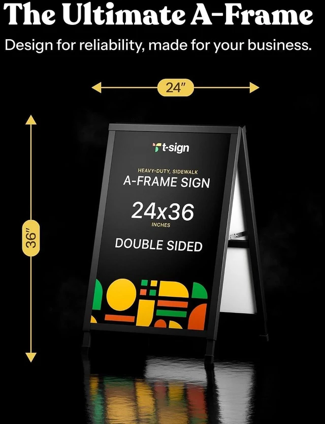 Alt view image 3 of 7 - Outdoor A-Frame Sidewalk Sign 24x36 Inch Sandwich Board, Black Coated Steel Metal Double-Sided, Heavy Duty Slide-in Folding Frame Sign Holder, 2 Corrugated Plastic Poster Boards, Display Stand