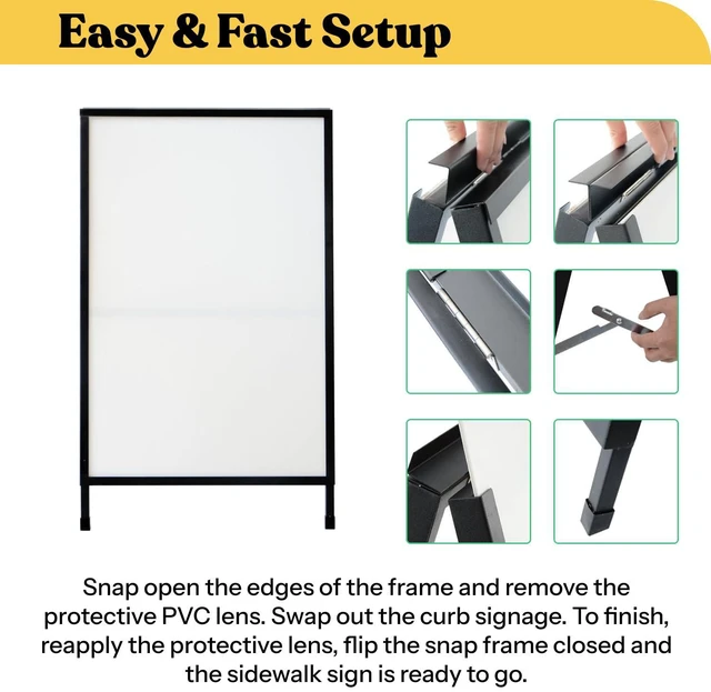 Alt view image 4 of 7 - Outdoor A-Frame Sidewalk Sign 24x36 Inch Sandwich Board, Black Coated Steel Metal Double-Sided, Heavy Duty Slide-in Folding Frame Sign Holder, 2 Corrugated Plastic Poster Boards, Display Stand